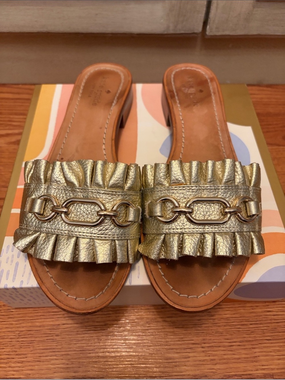 Kate Spade “Beau” Metallic Gold “Brie” Ruffle Leather & Chain Slide Sandals